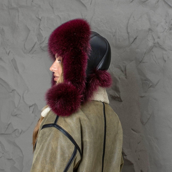 Burgundy Fox Fur Trapper Hat, Real Fur & Leather Winter Hat  display picture 3