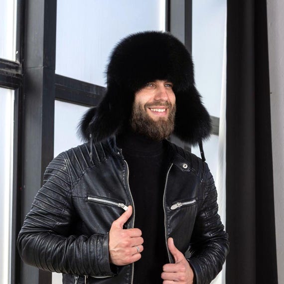 Black Fur Trapper Hat, Men Real Fur Hat, Black Aviator Hat