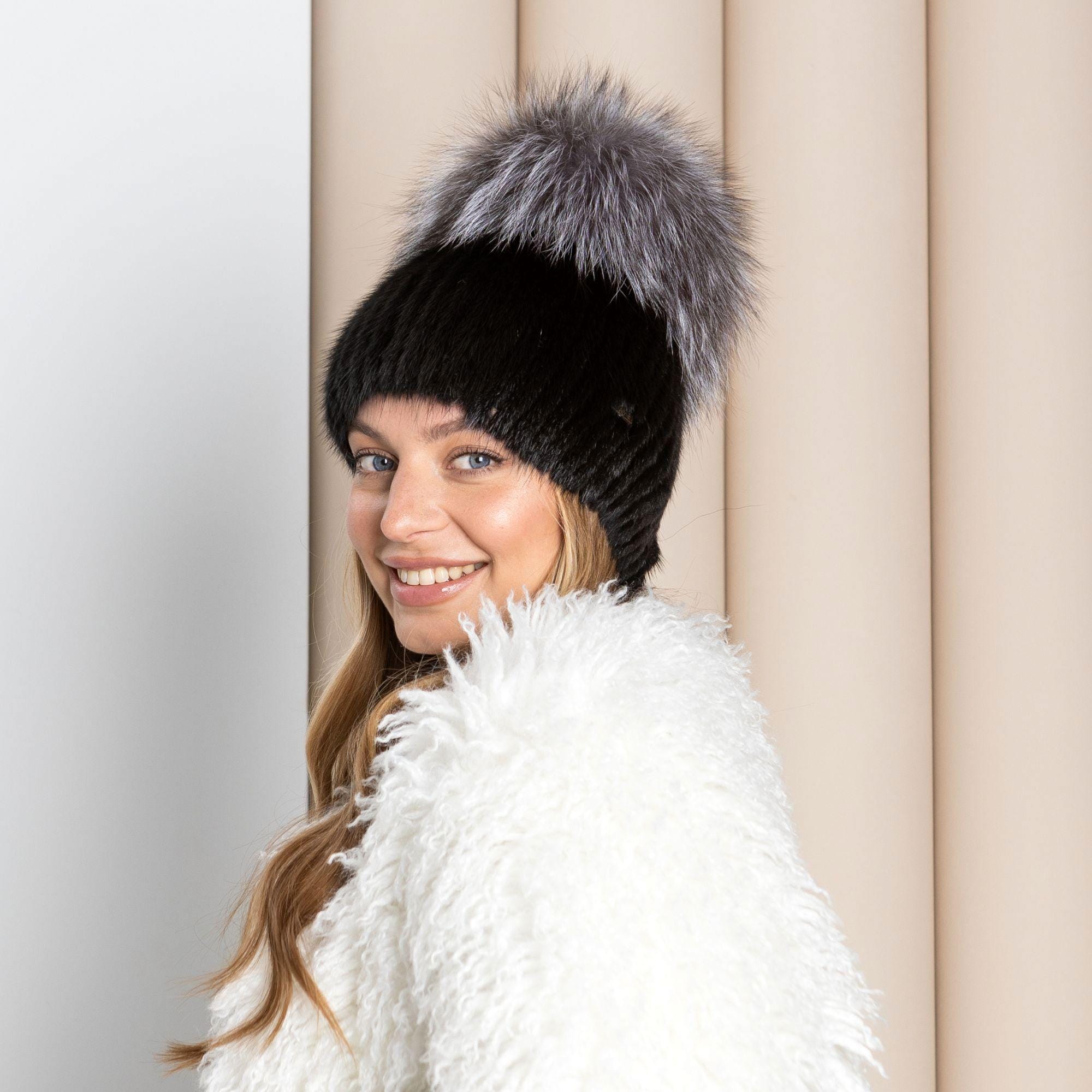 Black Mink Beanie, Fur Hat With Silver Fox Pompom, Mink Hats  display picture 1