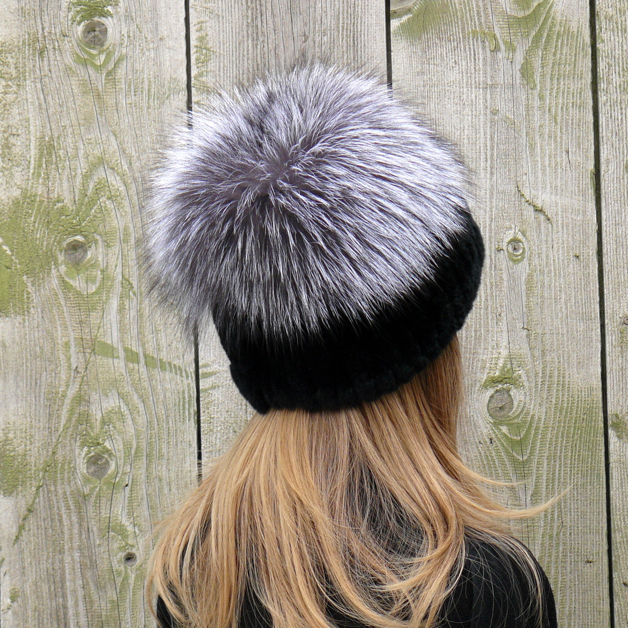 BOUGHT IN TOKYO Knit REAL Rabbit FUR Pom Hat Silver Rabbit Fur Beanie With Fox Pom Pom, Real Fur Hat  main image 4