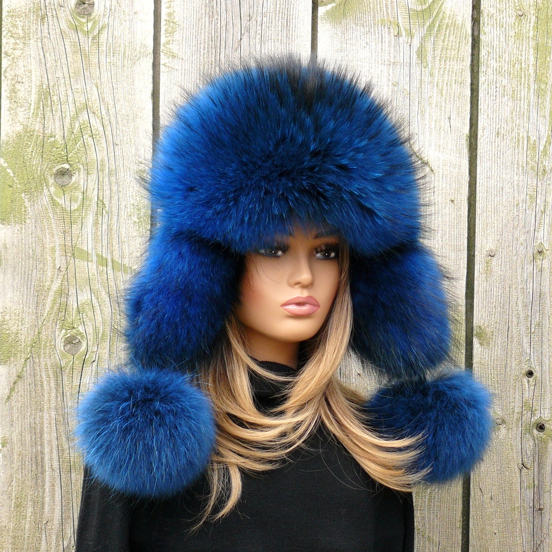 Real Raccoon Blue Fur Hat, Fluffy Trapper Style, Handmade Winter