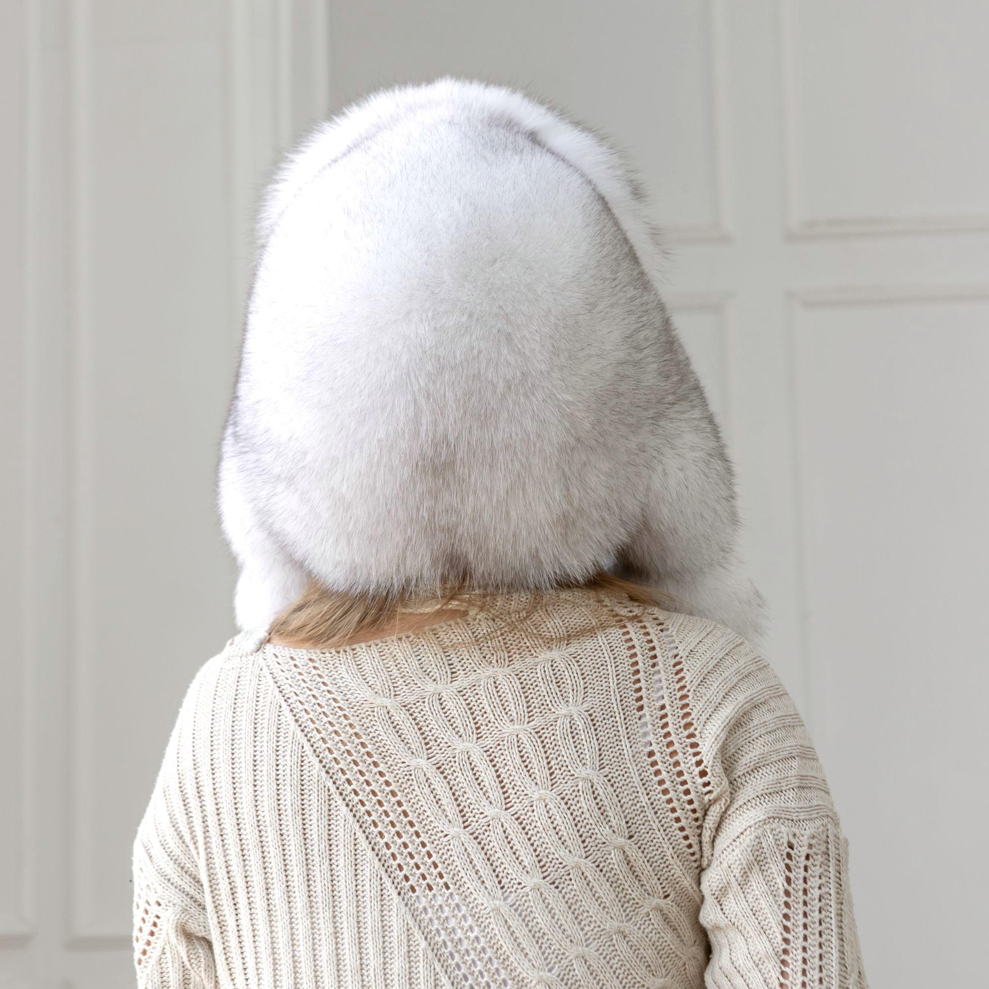White Real Arctic Fox Fur Trapper Hat With Ear Flaps, One-piece