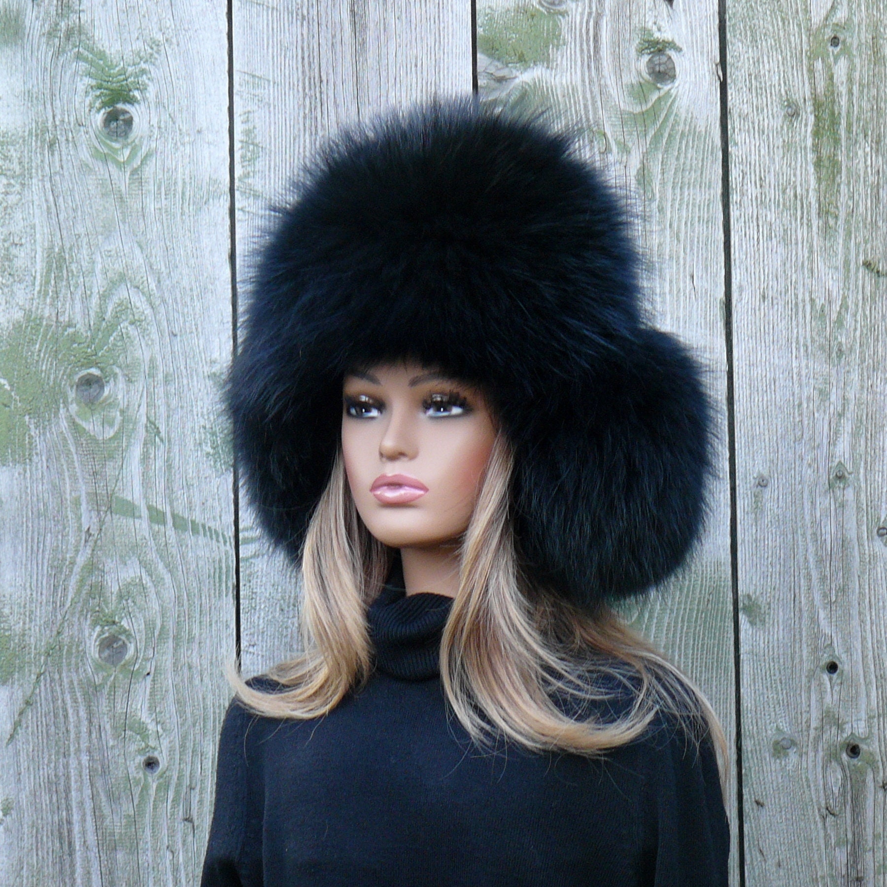 Black Raccoon Trapper Hat Women, Fluffy Aviator Hat, Fur Bomber