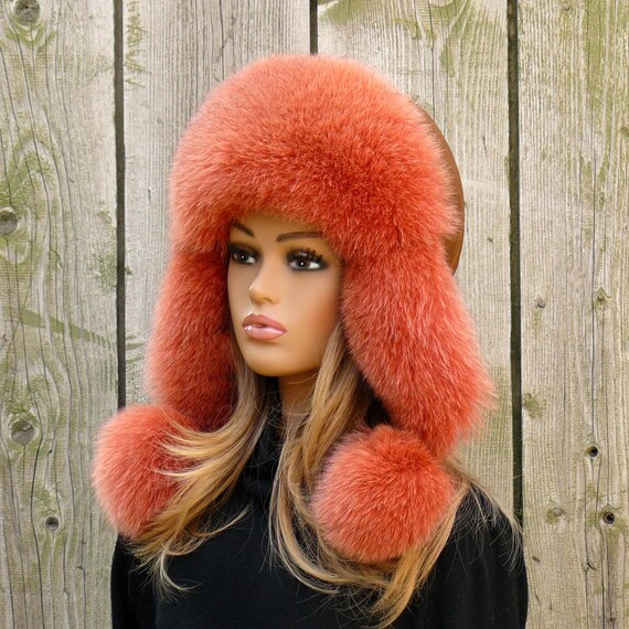 Real Orange Fur & Leather Trapper Hat, Ladies Aviator Hat  display picture 1