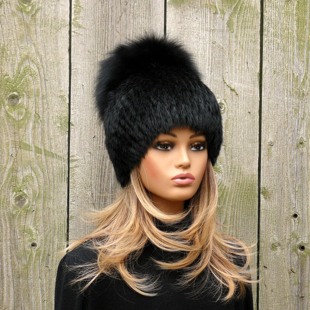 Ladies Fur Hat, Rabbit Fur Hat With Pom Pom, Natural Fur Pompom Hat