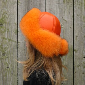 Orange fur hat for women, Fur trapper hat, Fluffy hat ear flaps, Warm ushanka, Fuzzy hat, Winter furry bomber hat, Gift for mom Gift for her image 6