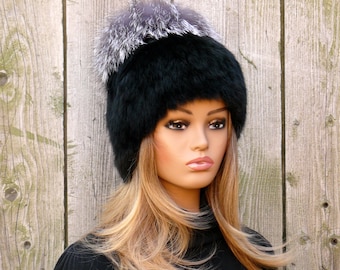 Black rabbit fur hat women, Rabbit fur beanie, Hat with silver fox fur top, Ladies fur hat with pompom, Woman winter hat, Fashion fluffy hat