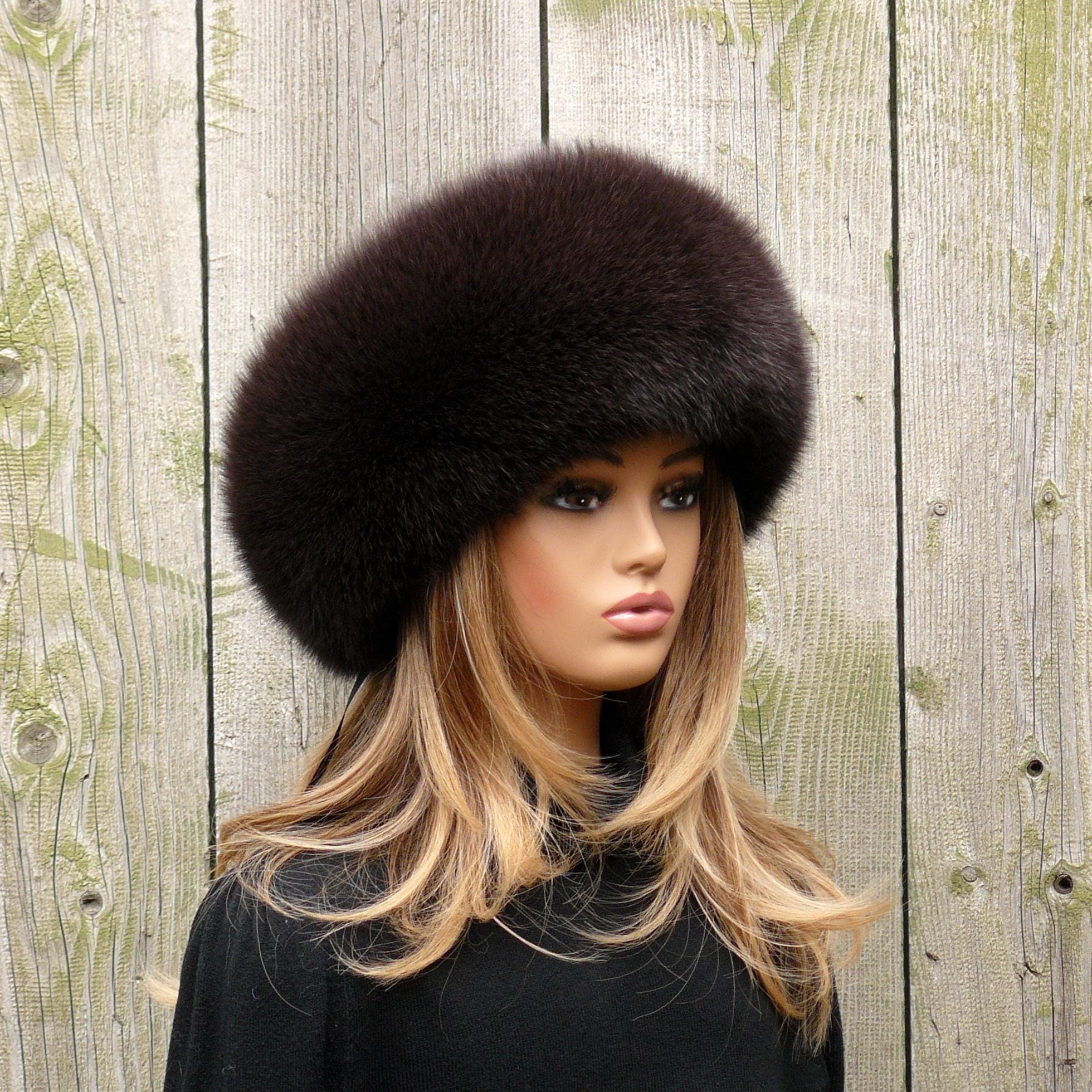 Fox Fur Hat for Women, Winter Hat, Brown Leather Headwear, Warm