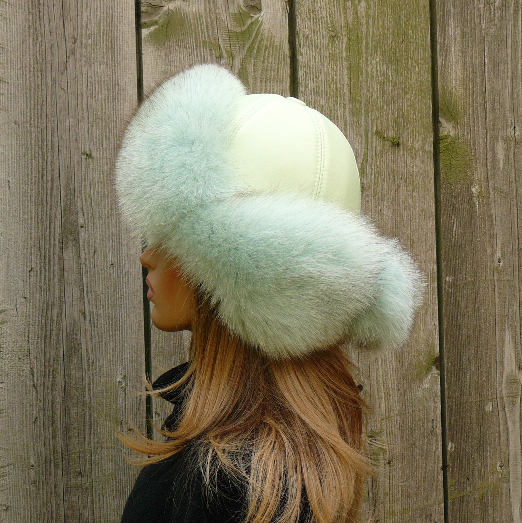 Mint Fox Fur Hat for Her, Leather Aviator Hat, Real Leather 