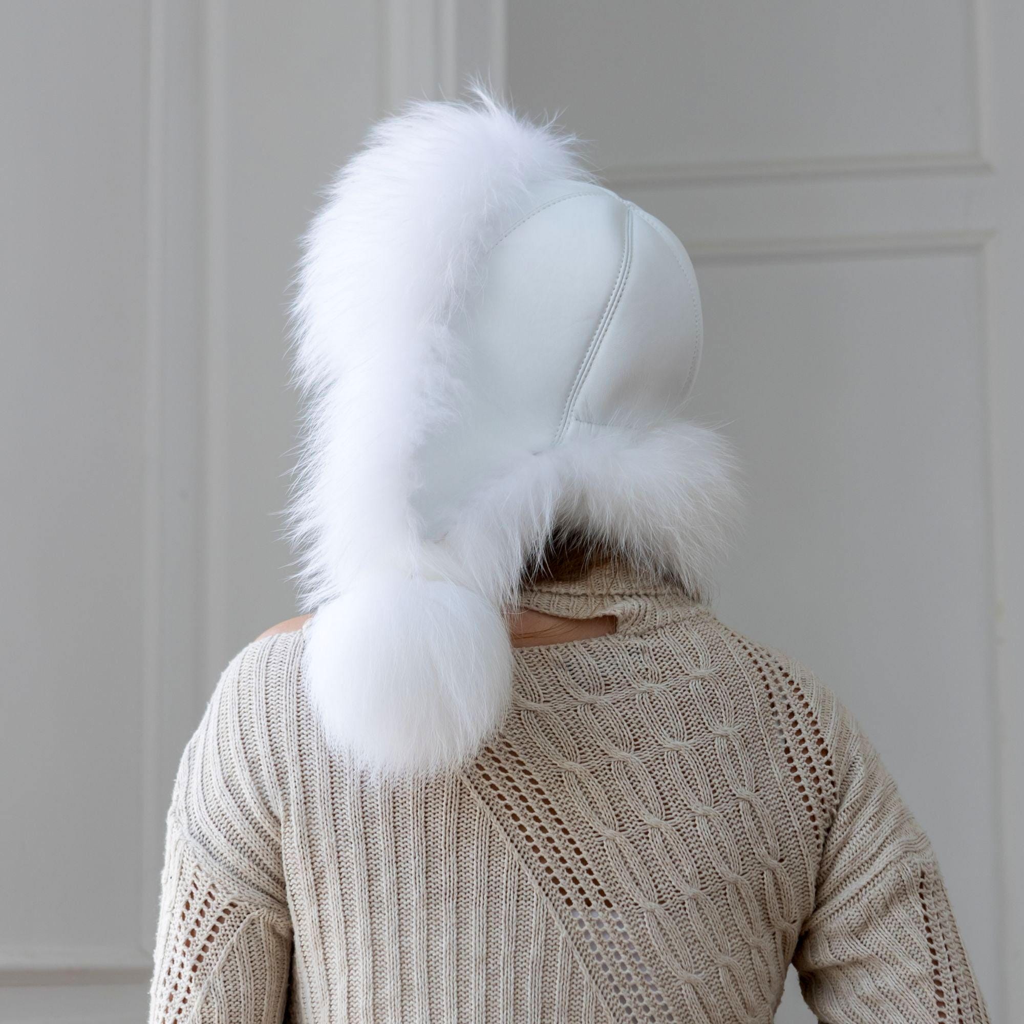 Russian Fur Unisex Trapper Ushanka Snow White Leather Hat REAL FUR Snap Close Leather officer main image 3
