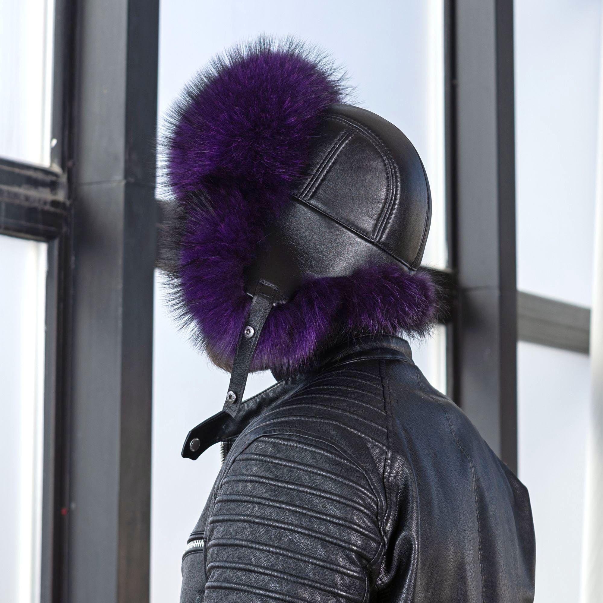 Real Fur Trapper Hat for Men, Purple Raccoon Fur Hat, Warm 