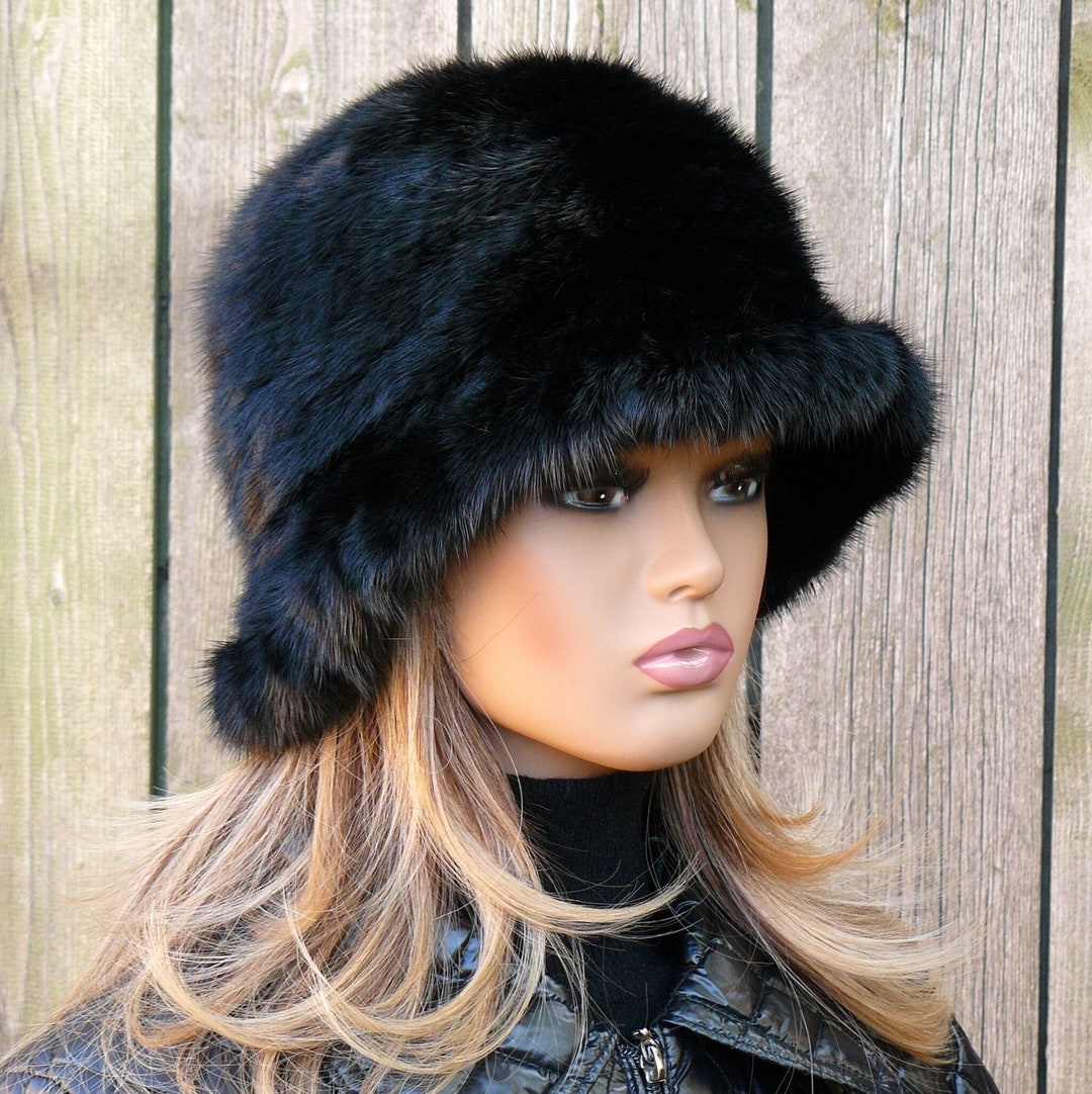 Bucket Hat Women, Fur Hat With Brim, Black Fluffy Bucket Hat, Real Mink