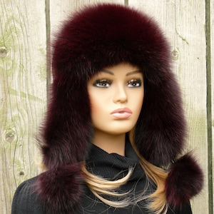 Burgundy Fur Trapper Hat With Ear Flaps, Genuine Fox Fur, Winter