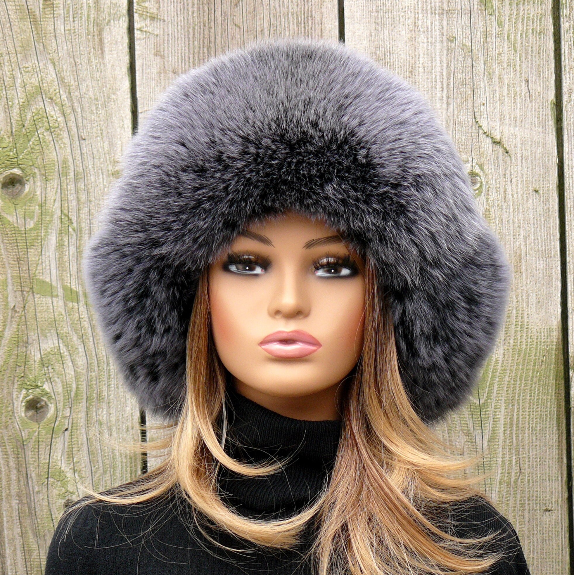 Women's Real Fur Trapper Hat, Fox Fur Aviator Hat, Black Ushanka