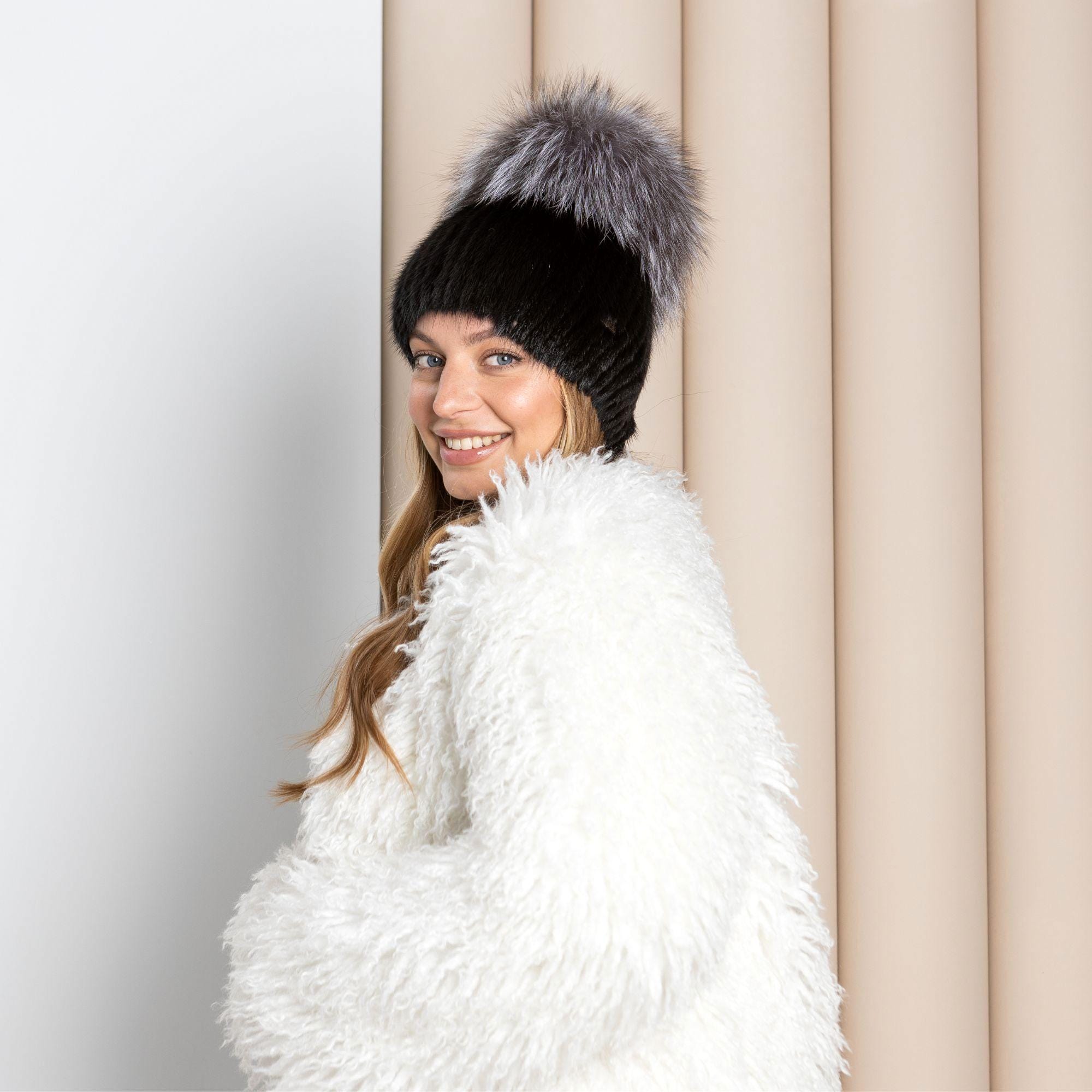 ✨ The Drop Holly Faux Fur Women Silver Pom Pom Beanie Staples Snug Fit Hats Womens Pom Pom Hats – Luxy London main image 3