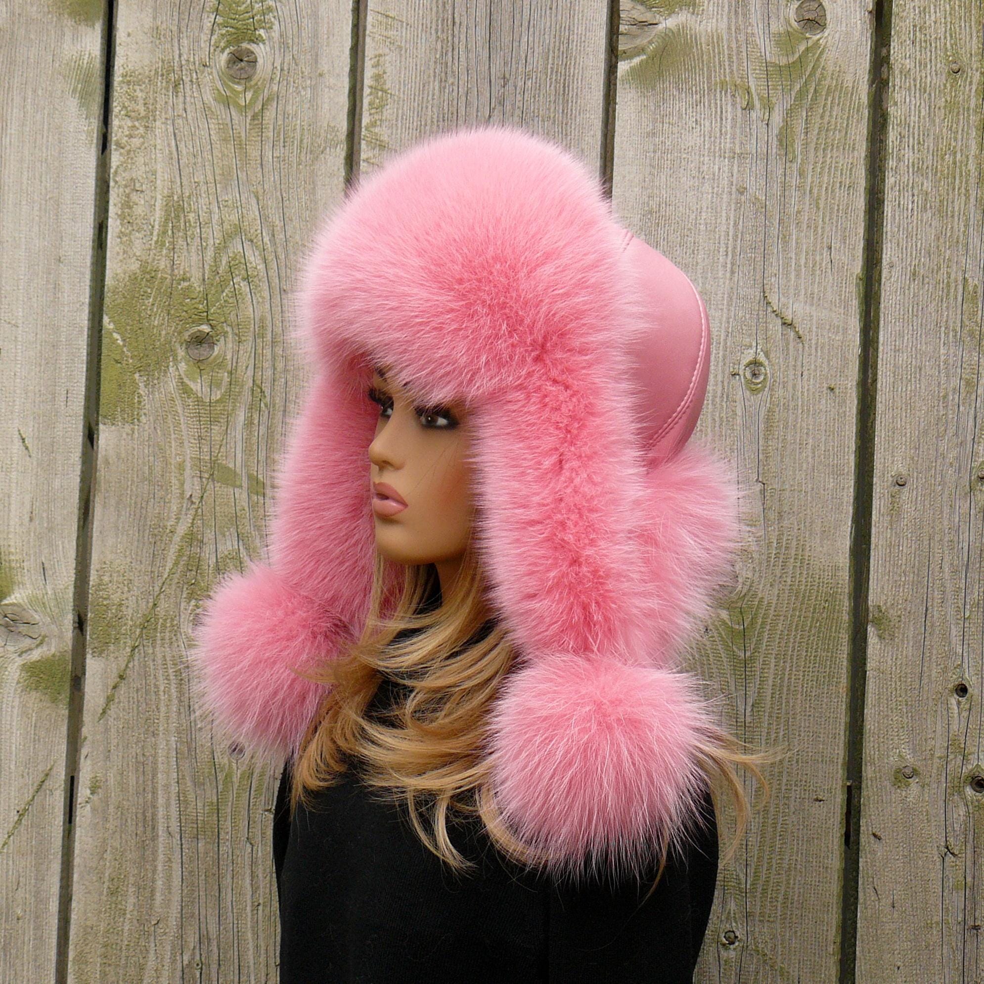 Pink Fur Aviator Hat, Saga Fox Fur Winter Trapper Hat for Women