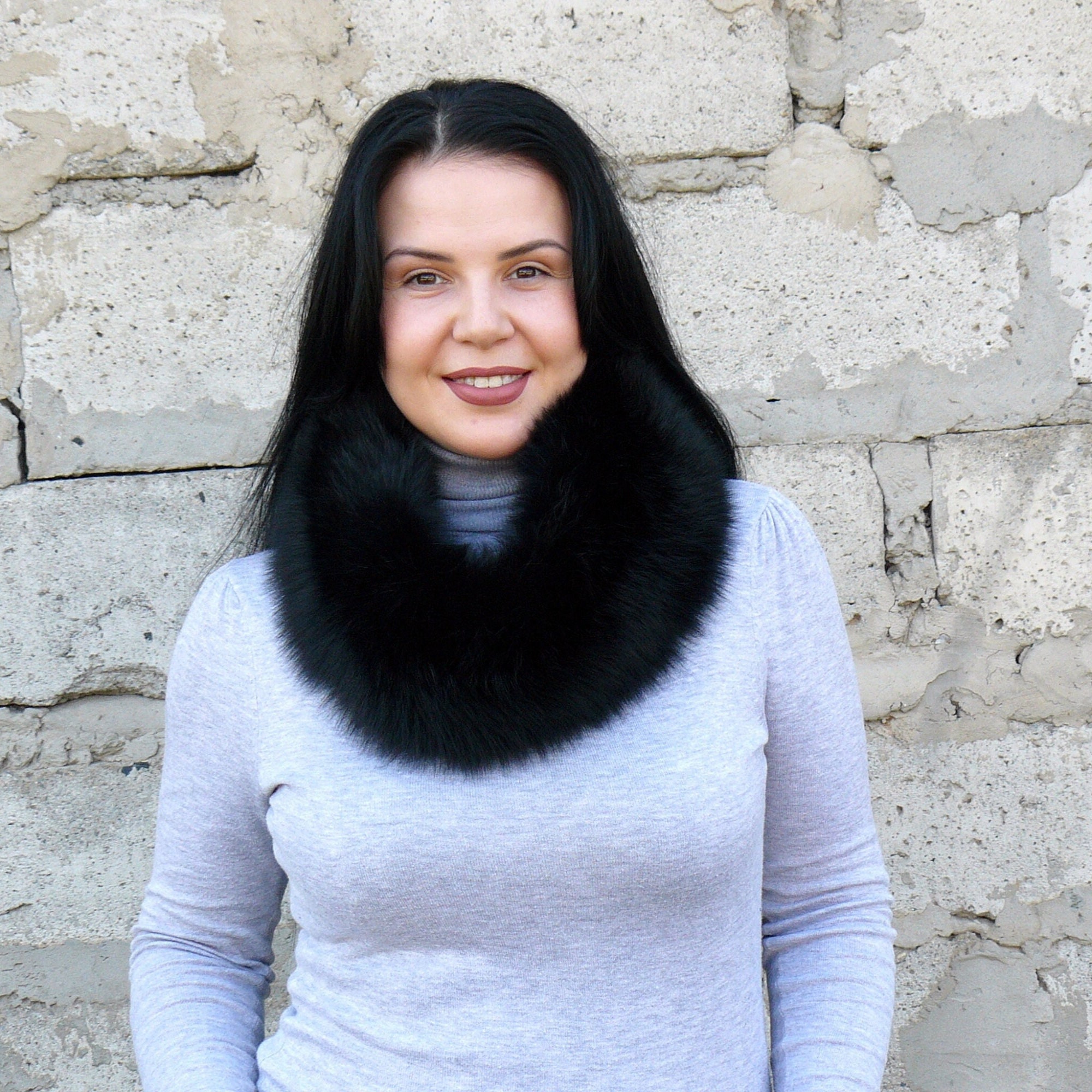 Black Fox Fur Collar, Furry Real Detachable Collar, Warm Neck Warmer, Black Fuzzy Scarf, Stylish Fur Collar For Wife, Anniversary Gift Idea