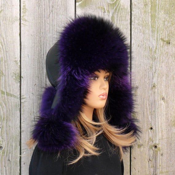 Stylish Purple Fur Womens Hat, Leather & Fur Trapper Hat  display picture 1