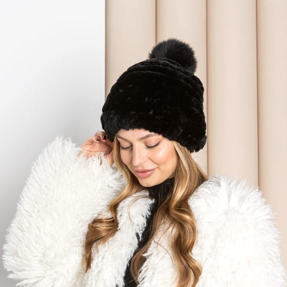 Knitted Rabbit Fur Hat With Fox Fur Pompom, Winter Ladies  display picture 1