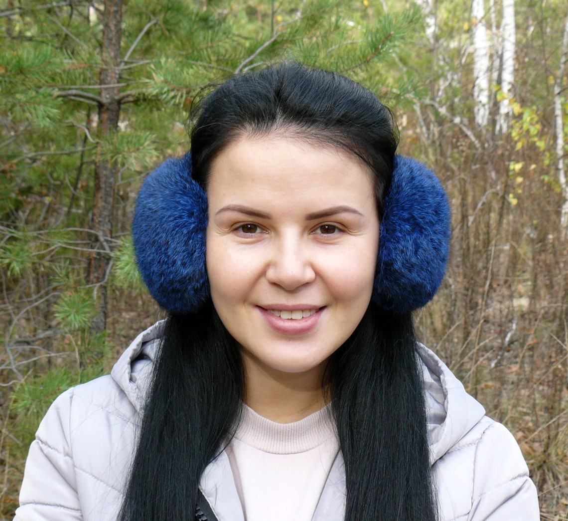 Dark blue warm earmuffs Blue Earmuffs Rabbit fur ear muffs Etsy