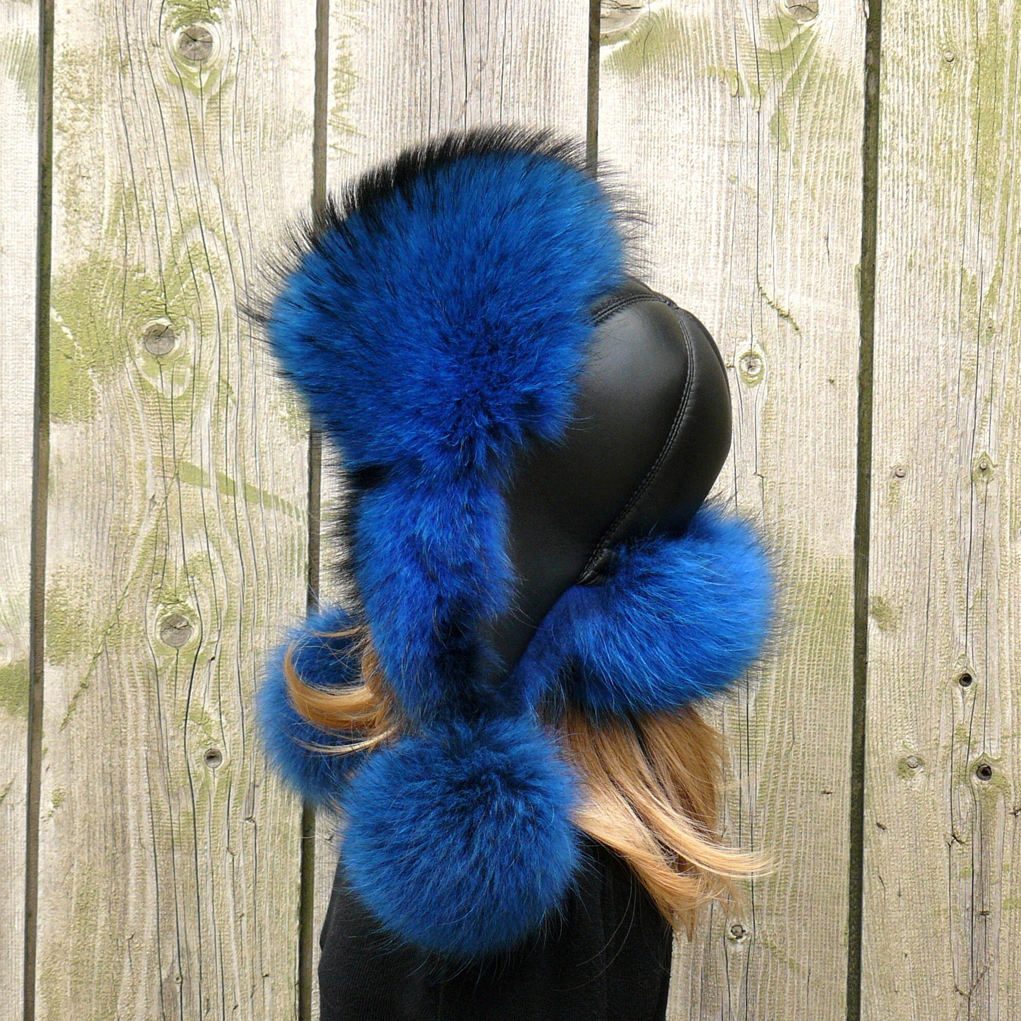 Real Raccoon Blue Fur Hat, Fluffy Trapper Style, Handmade Winter