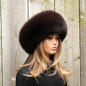 Fox Fur Hat For Women, Winter Hat, Brown Leather Headwear, Warm Fuzzy Hat, Winter Fashion, Fur Headwarmer, Dark Mocha Fur Color, Moms Gift