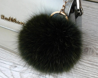 Fluffy Pom Pom Bag Charm, Dark Green Furry Keychain, Fur Ball Key