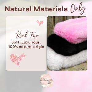 The image is a collage of two images. The top image shows a close-up of a soft, luxurious, 100% natural origin real fur, while the bottom image displays a close-up of a pile of real fur in various colors, including pink, black, and white.