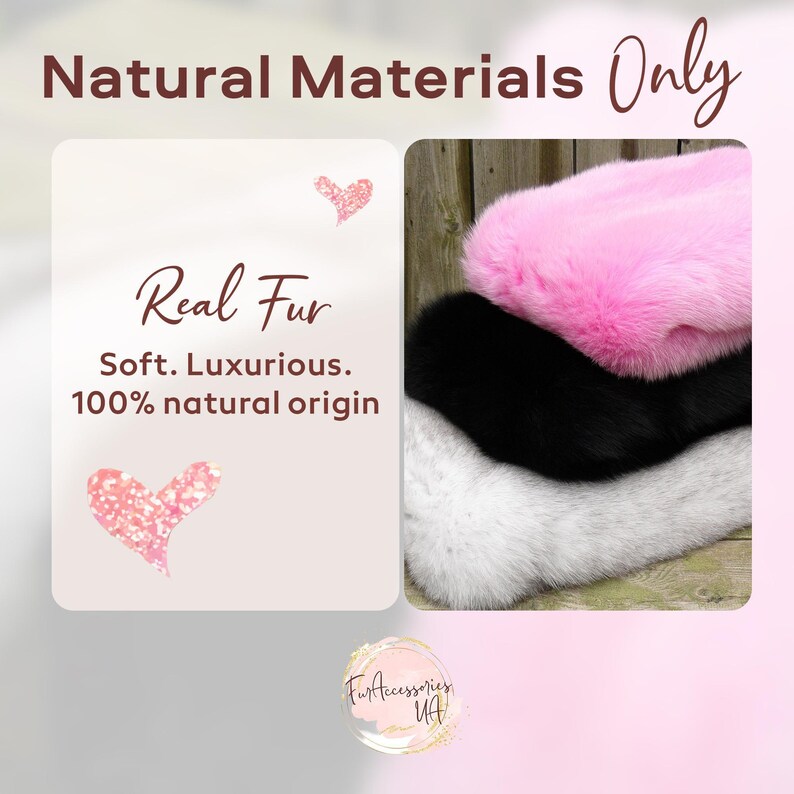 The image is a collage of two images. The top image shows a close-up of a soft, luxurious, 100% natural origin real fur, while the bottom image displays a close-up of a pile of real fur in various colors, including pink, black, and white.