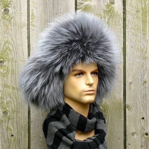 Gray & Silver Raccoon Fur Trapper Hat For Men, Real Leather Aviator Hat, Men Fashion Winter Hat, Fuzzy Bomber Hat, Ear Flaps Hat, Dad Gift