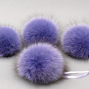 Lavender Real Fur Pompom for Hat, Light Purple Furry Bommel, Fox Fur Lilac Pompons, Fluffy Pom Poms with Ribbons, Fuzzy Balls for Crafts