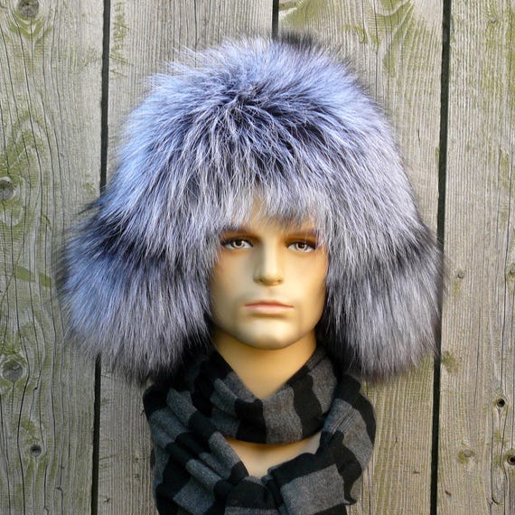 Real Silver Fox Trapper Hat for Men, Oversized Men