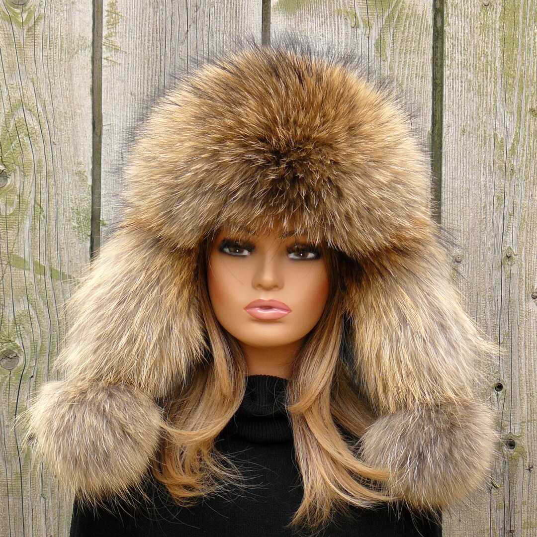Raccoon Fur Hat, Soft Fluffy Winter Ushanka, Leather Aviator  display picture 1