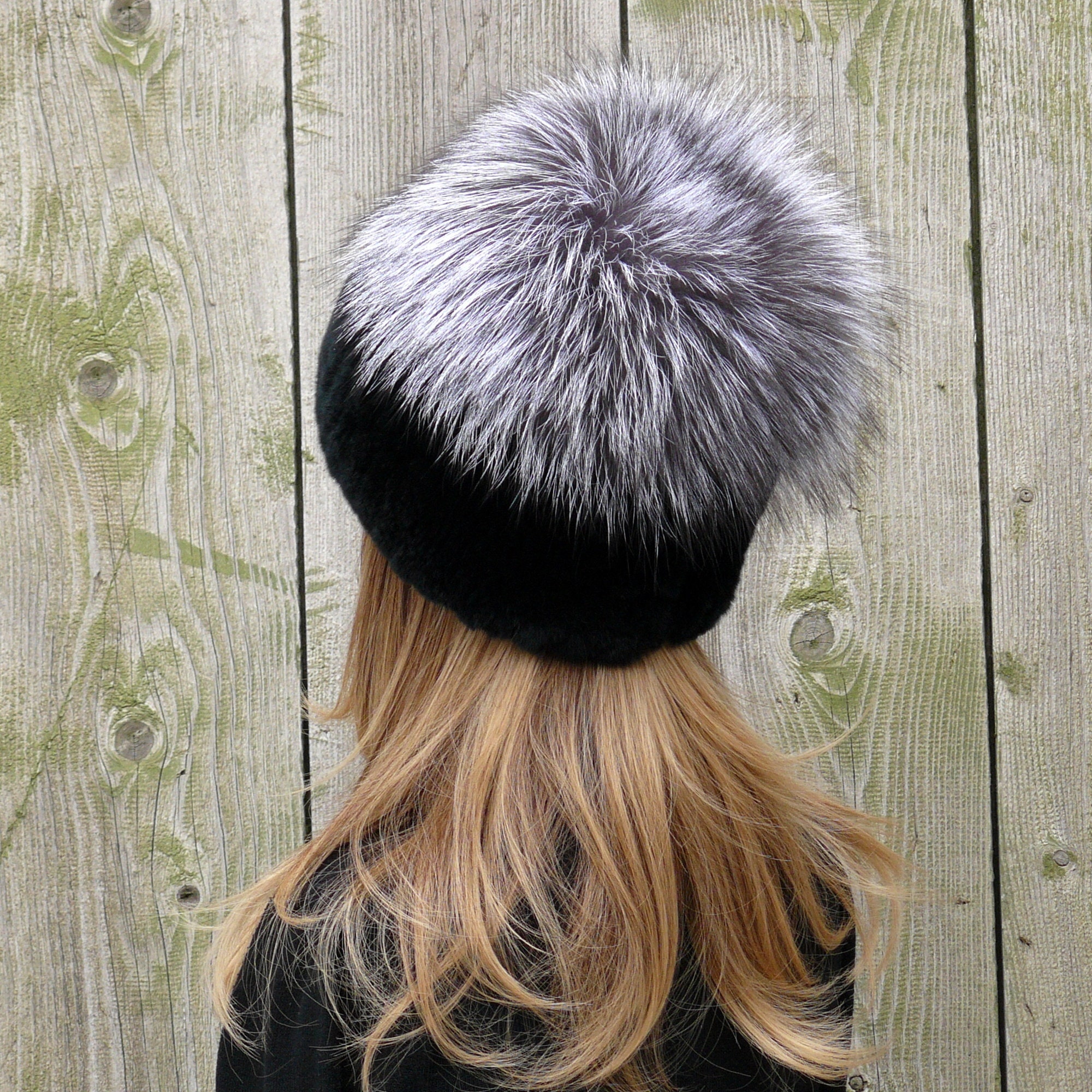 Black Rabbit Fur Hat With Pom Pom, Knitted Beanie Winter Hat  display picture 3