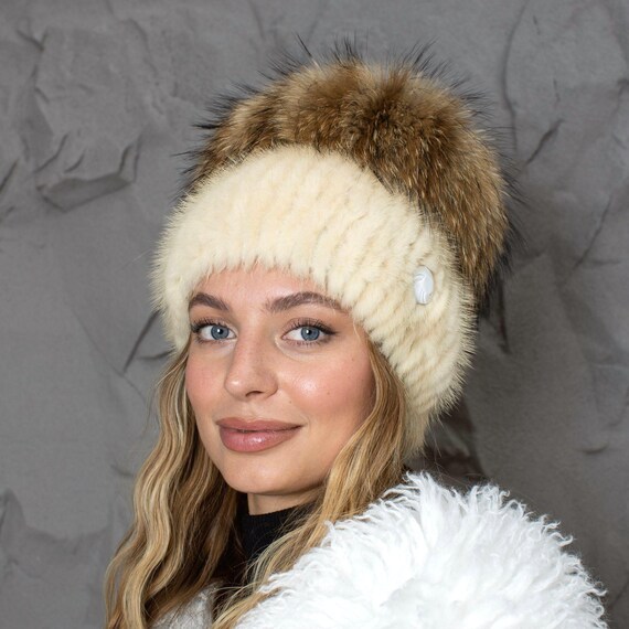 Beige Mink Fur Hat for Women With Raccoon Pompom, Fuzzy Warm  display picture 1