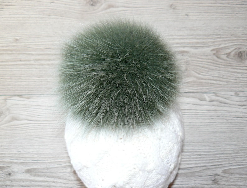 Genuine Fur Pom Pom, Green Furry Pompon for Hat, Fluffy Fur Ball with Ribbon, Fur Bommel, Real Fur Accessories, Cute Decor For Winter Hat image 8