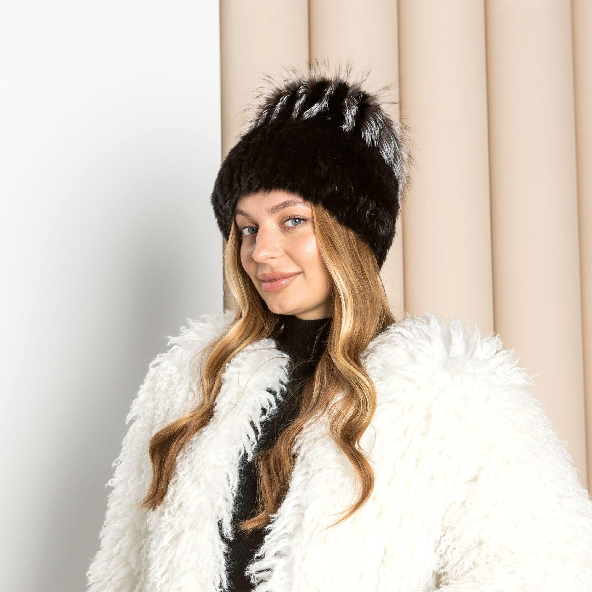 BOUGHT IN TOKYO Knit REAL Rabbit FUR Pom Hat Silver Rabbit Fur Beanie With Fox Pom Pom, Real Fur Hat  main image 3