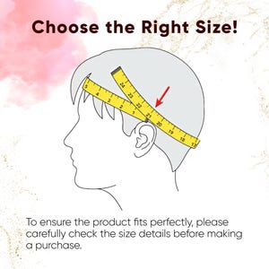May include: Illustration of a person's head with a yellow measuring tape wrapped around it. The tape shows numbers from 16 to 24. An arrow points to the number 20 on the tape. The text "Choose the Right Size!" is at the top of the image. The text "To ensure the product fits perfectly, please carefully check the size details before making a purchase." is at the bottom of the image.
