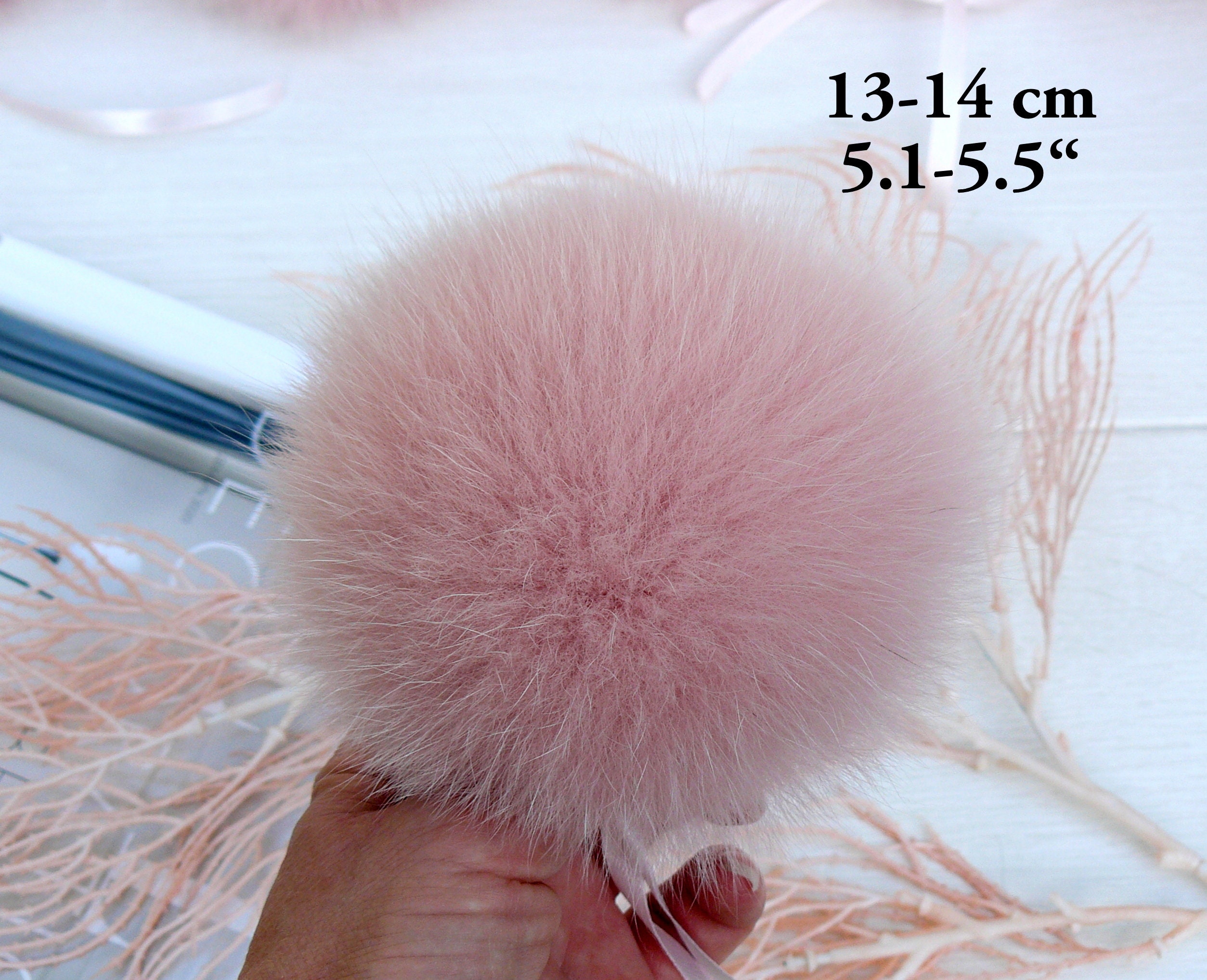 6 Pink fox pom pom for hat with ribbons