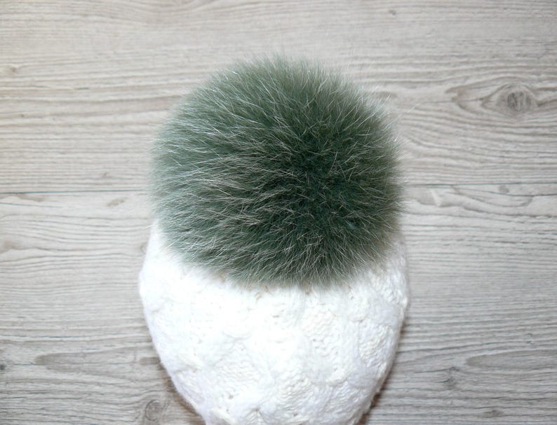 Genuine Fur Pom Pom, Green Furry Pompon for Hat, Fluffy Fur Ball with Ribbon, Fur Bommel, Real Fur Accessories, Cute Decor For Winter Hat image 10
