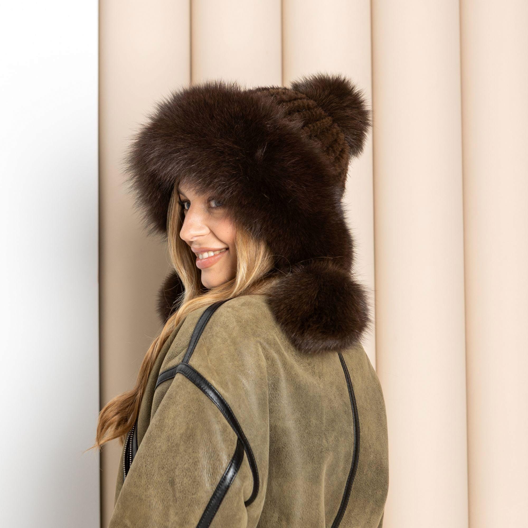Warm Winter Fur Hood, Real Fur Bonnet With Ear Flaps, Knitted Fur
