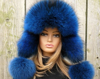 Real Fox Blue Fur Hat, Fluffy Trapper Style, Handmade Winter