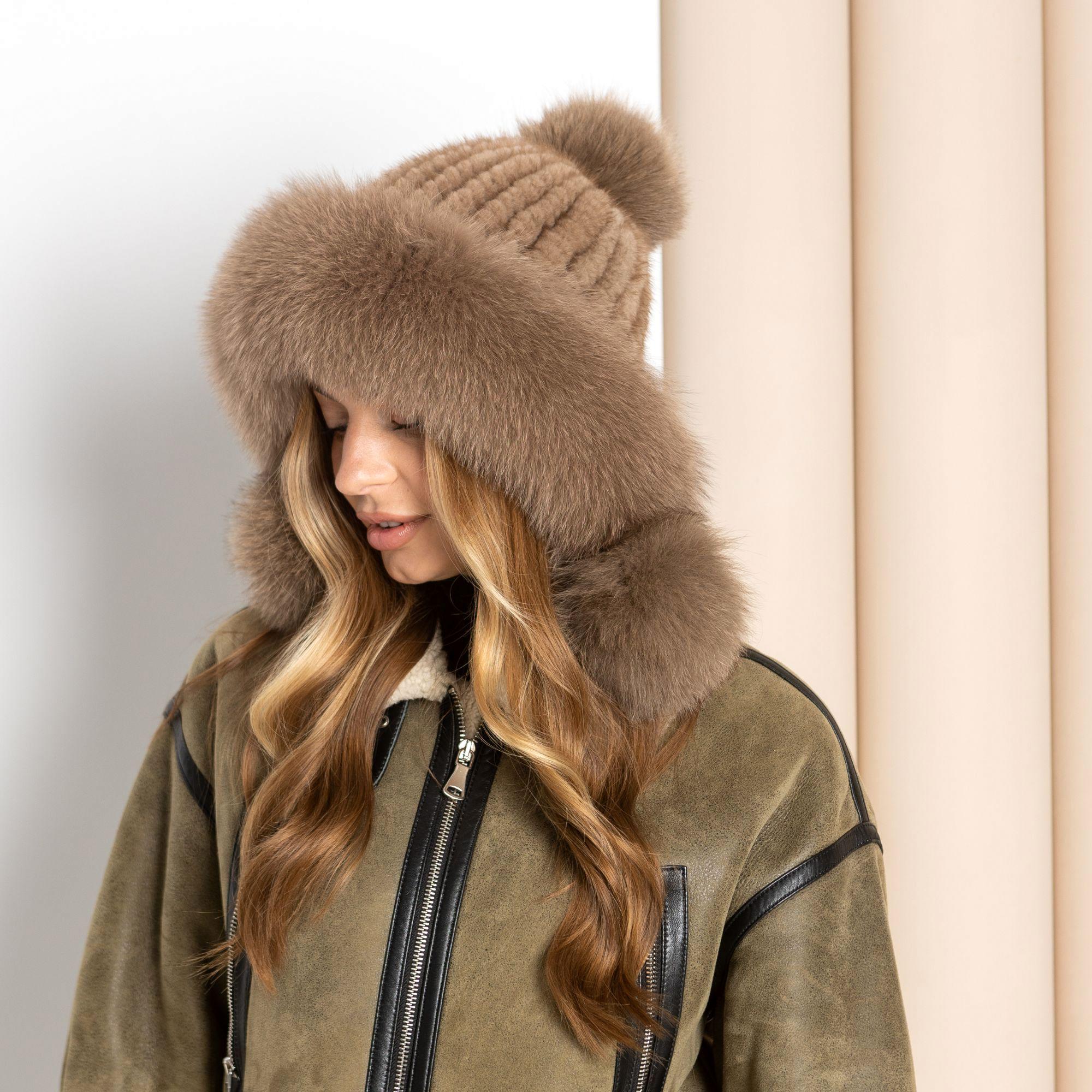 小物 mia hat&accssory fur hood Warm Winter Fur Hood, Real Fur Bonnet With Ear Flaps, Knitted Fur