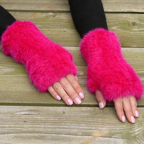 Hot Pink Fingerless Gloves Woman, Real Mink Fingerless Mittens
