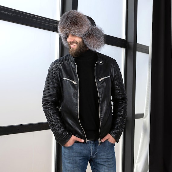 Fox Fur Trim Winter Trapper Hat in black leather - Custom Made, Brand NEW 51QxRsOTbCL.SX522_.jpg main image 3