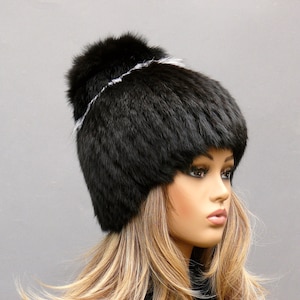 Bontmuts met pompon, konijnenbontmuts met bladerdeeg, zwarte pluizige muts dames, echte konijnenbontmuts, gebreide wintermuts, warme hoofddeksels