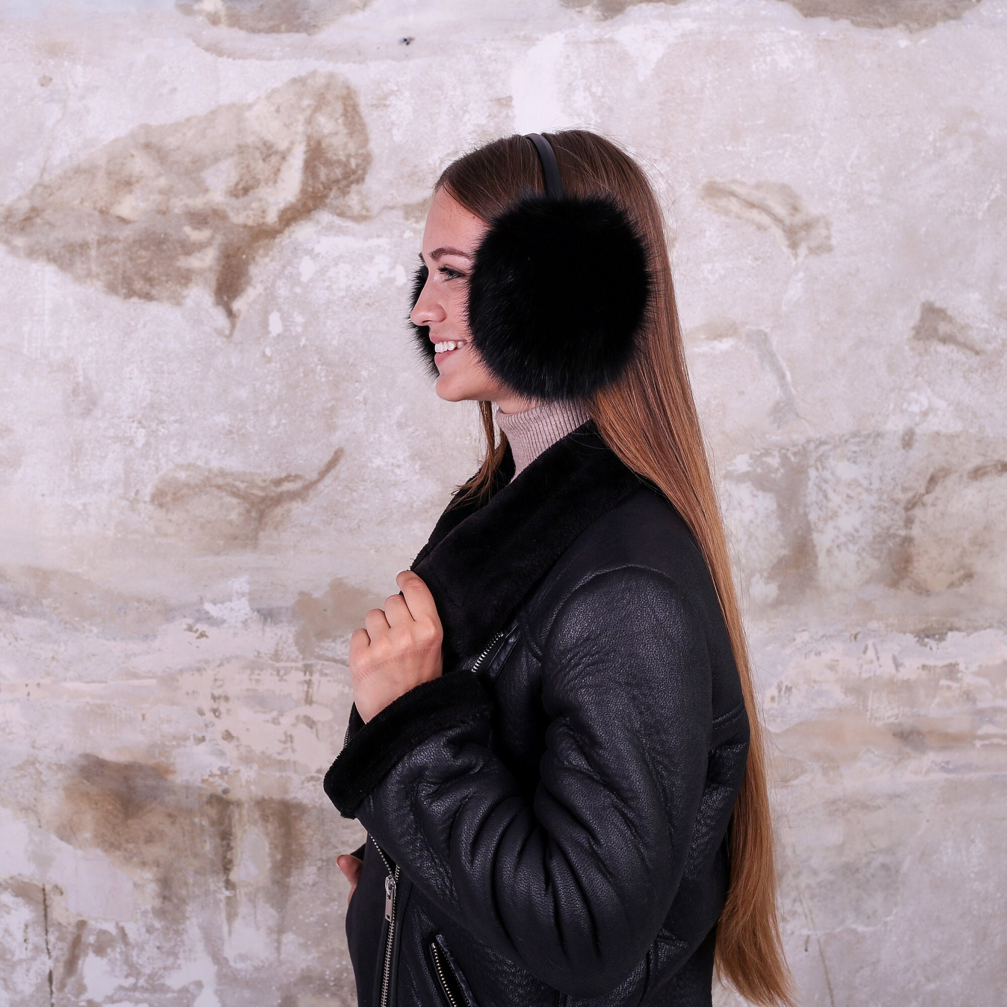 Black Real Fur Earmuffs - Women\'s Winter Accessories Rabbit Fur Earmuffs with Velvet band in Black: FurHatWorld.com main image 2