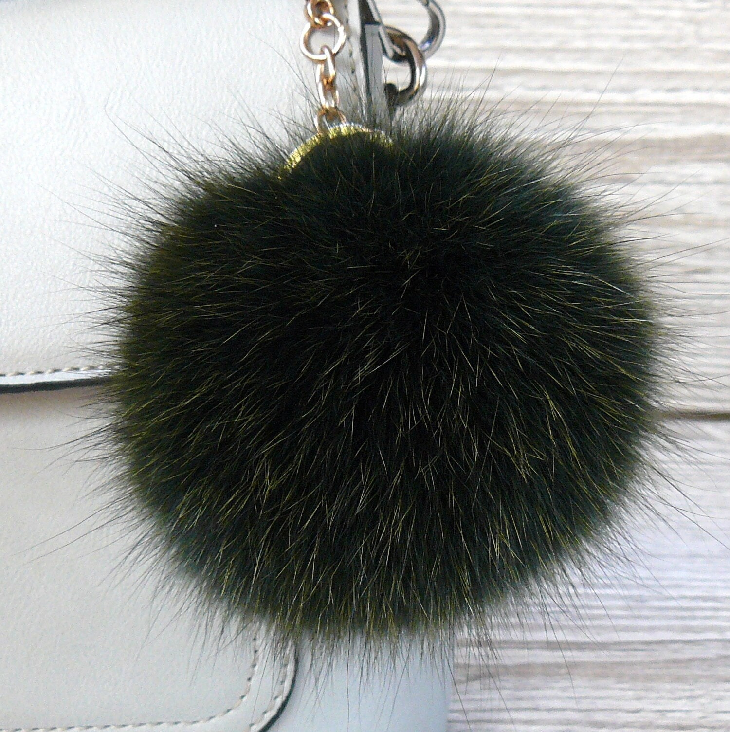 Fluffy Pom Pom Bag Charm, Dark Green Furry Keychain, Fur