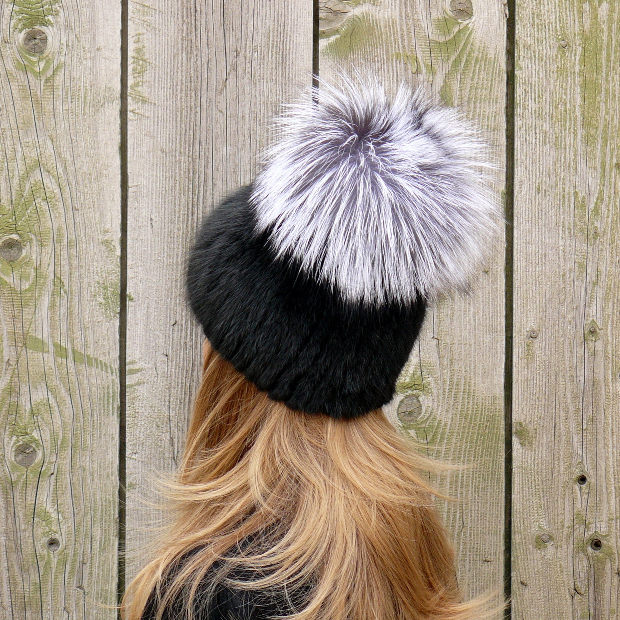 Luxurious Authentic Mink Black and Brown Pom-Pom Hat Ciara Knit Mink Beanie Hat with Fox Pom Pom in Brown  main image 3