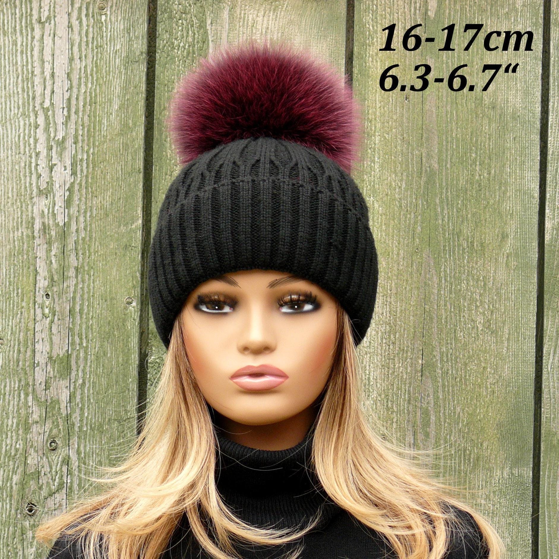 Real Fur Pom Pom for Hat, Burgundy Fluffy Pompom With Ribbon 